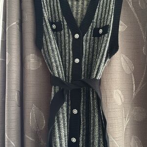 Black and Gray Belted Sweater Dress